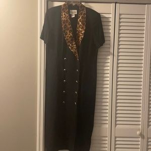 Long black dress with animal print.